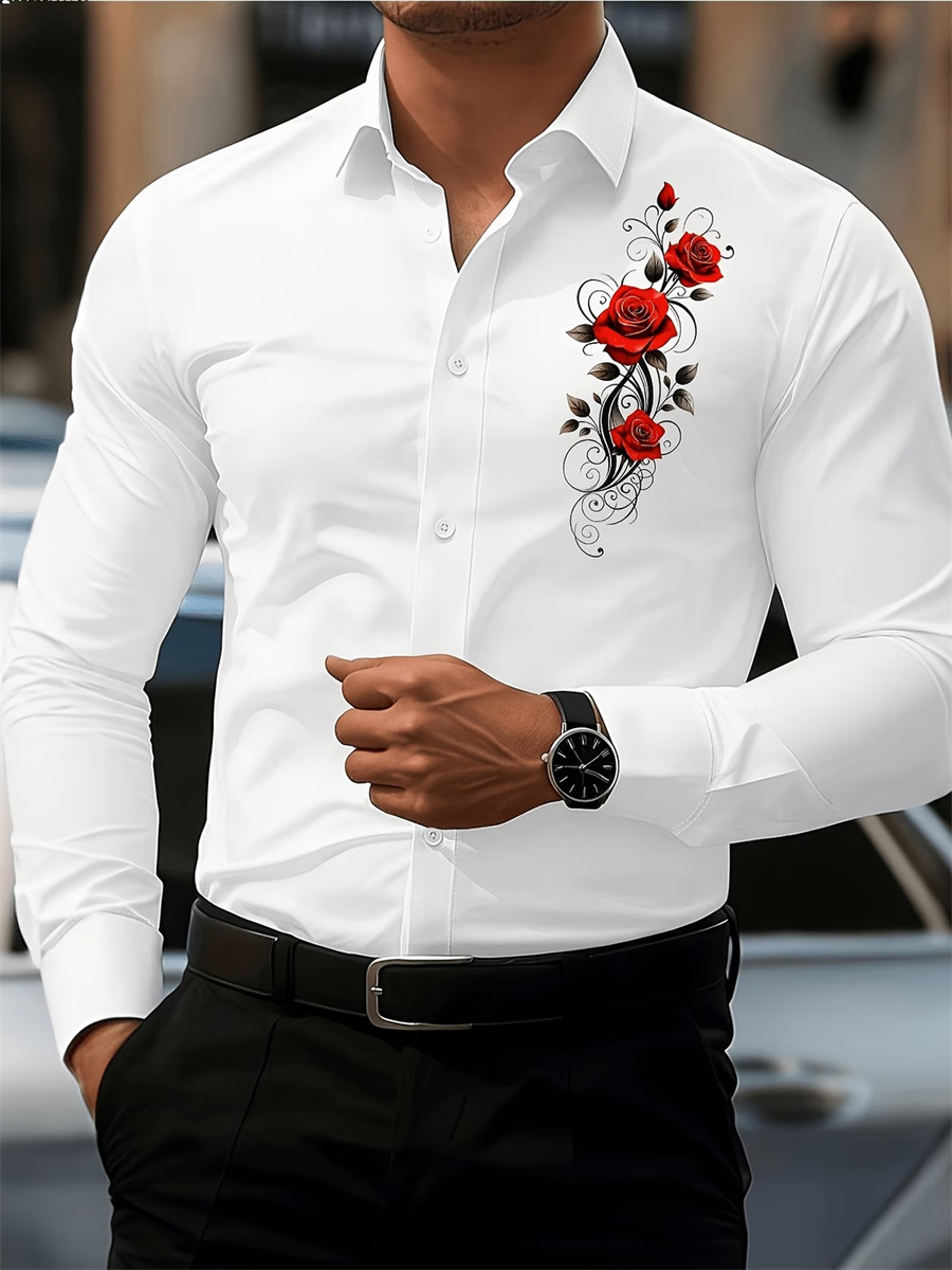남성용 레드 로즈 프린트 긴팔 셔츠, 패셔너블하고 캐주 - Men'S Fashion Looks 리뷰 및 가격