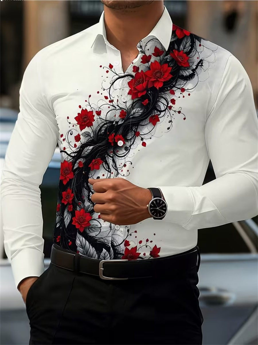 남성용 레드 로즈 프린트 긴팔 셔츠, 패셔너블하고 캐주 - Men'S Fashion Looks 리뷰 및 가격